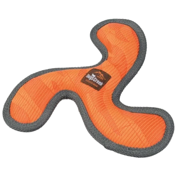 Orange dog toy in a unique shape with a gray border, featuring a "DogStreet Outdoor Gear" logo.