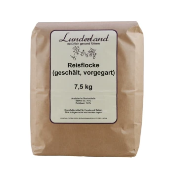 Braune Papiertüte mit dem Aufdruck "Lunderland Reisflocke (geschält, vorgegart)" mit 7,5 kg Reisflocken für Hunde und Katzen.