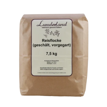 Braune Papiertüte mit dem Aufdruck "Lunderland Reisflocke (geschält, vorgegart)" mit 7,5 kg Reisflocken für Hunde und Katzen.