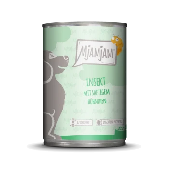 Eine Dose Hundefutter mit dem Etikett 'Mjamjam Insekt mit saftigem Hühnchen', mit einer grauen Hundesilhouette und Symbolen für getreidefrei und Insektenprotein.