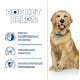 Gouden retriever op een blauwe achtergrond met tekst: ondersteunt gewrichten, behoudt spiermassa, versterkt het immuunsysteem.