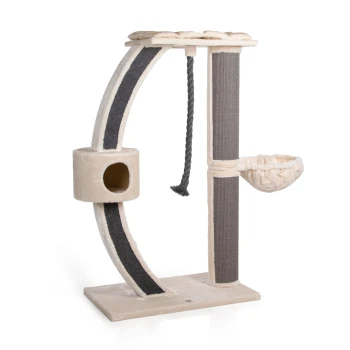 Katzenbaum mit einer gemütlichen oberen Sitzgelegenheit, Kratzpfosten, einem hängenden Seil und einer weichen Hängematte, entworfen für das Spielen und Entspannen von Katzen.