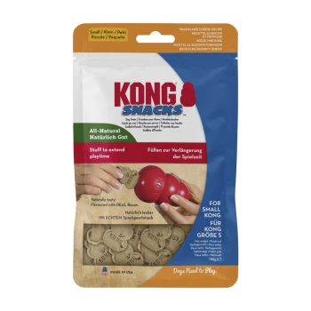KONG Snacks dog treats bag (small) shows hands stuffing red KONG toy; text: "All-Natural", "Stuff to extend playtime", "For Small KONG"