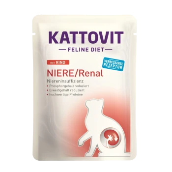 Kattovit Feline Diet Nierenkatzenfutterbeutel, mit Rindfleisch, mit Text, der reduzierte Phosphor- und Proteingehalte für die Nierengesundheit hervorhebt.