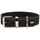 Schwarzes Leder-Hundehalsband mit silberner Schnalle und Nähdetails, mit einem kleinen 'HUNTER'-Logo.