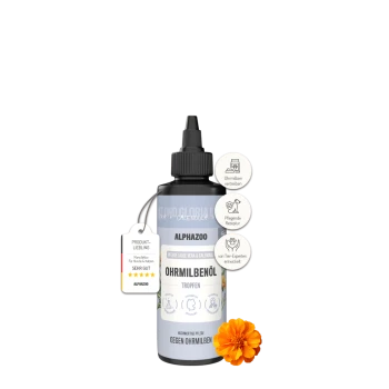 Flasche Alphazoo Ohrmilbenöl Tropfen für Haustiere mit Aloe Vera und Ringelblume, begleitet von einer orangefarbenen Blume.