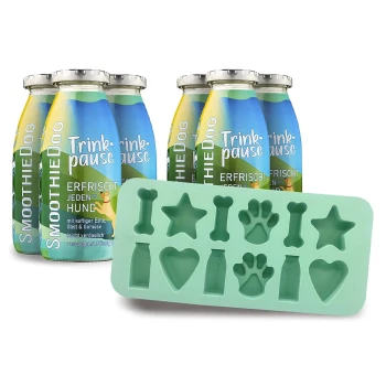 Ente 6x 250 ml + Eiswürfelform Sechs bunte "Smoothie Dog" Flaschen mit der Aufschrift "Trinkpause" und "Erfrischt Jeden Hund," neben einer grünen Silikonform mit Knochen- und Sternformen.
