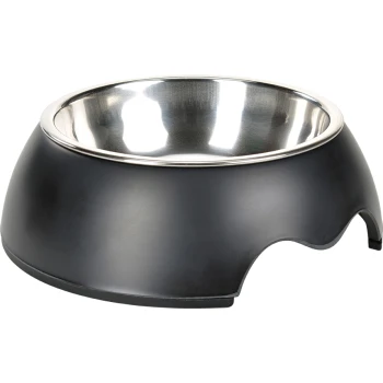 Black pet food bowl with a stainless steel inner surface, featuring a curved design and an open side for easy access.