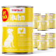 Dosen von Supravit getreidefreiem Hundefutter mit der Aufschrift 'Hyuhn', die herzhafte Stücke von Hähnchen zeigen, mit einem gelben Design und einer Hundillustration.