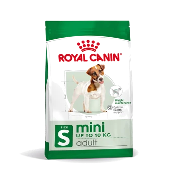 Royal Canin Mini Adult Hundefutterbeutel mit einem verspielten kleinen Hund, der "Gewichtserhaltung" und "Optimale Gesundheitsunterstützung" bietet.