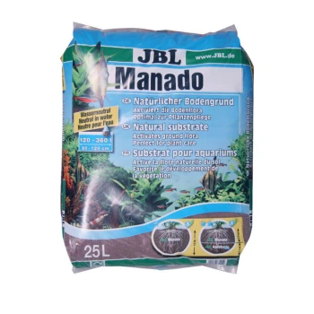 JBL Manado Natursubstratbeutel für Aquarien, 25L, mit Text in Englisch, Deutsch und Französisch, der die Vorteile für die Pflanzenpflege hervorhebt.