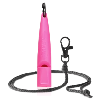 Pinkfarbene ACME 211,5 Hundepfeife mit schwarzem Lanyard und Clip, isoliert auf weißem Hintergrund.