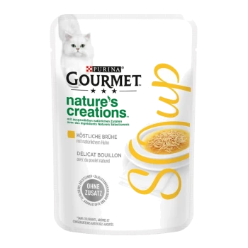 Purina Gourmet Nature's Creations Katzenfutterbeutel mit einer weißen Katze, mit 'leckere Brühe mit natürlichem Huhn' und 'keine Konservierungsstoffe.'