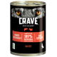 Dosen-Tiernahrung mit der Aufschrift "CRAVE" und dem Gesicht eines Wolfes, das einen hohen Proteingehalt hervorhebt, hergestellt aus 100% natürlichem Lachs und Truthahn, getreidefrei.