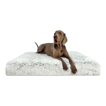 PITT Shaggy ORTHO PLUS - Orthopädische Hundematratze weiß/ grau 1,2 m, 13 cm, 90 cm Ein entspannter brauner Hund, der auf einem flauschigen weißen Haustierbett liegt und zur Kamera schaut, mit herausgestreckter Zunge.