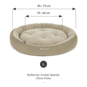 Große runde Haustierliege in Beige, beschriftet mit 'Doctor Bark', geeignet für Bullterrier, Cocker Spaniel und Chow-Chow Rassen. Abmessungen angegeben.