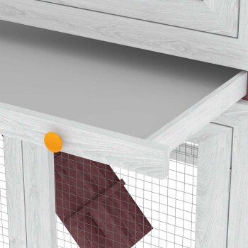 Zwei-stöckiger Holzkaninchenstall mit grünem Dach, mit Netzfenstern und -türen, 105 cm hoch, 130 cm breit und 68 cm tief.