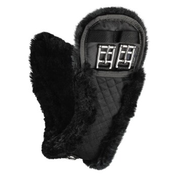 Schwarze Haustierhandschuhe mit einem weichen, pelzigen Futter und verstellbaren Riemen, entworfen für Wärme und Komfort bei Outdoor-Aktivitäten.