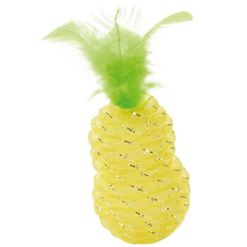Jouet pour animaux en forme d'ananas jaune avec un sommet en plumes vertes, conçu pour les animaux joueurs.