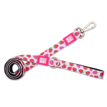 Rosa Hundeleine mit Erdbeermuster und Metallclip, mit „Max & Molly Urban Pets“-Logoschildern.