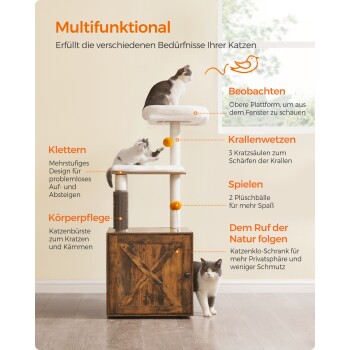 Ein multifunktionaler Kratzbaum für Katzen mit zwei Katzen: eine oben und eine andere, die mit einem Ball spielt, mit Kratzpfosten und einem Stauraum.