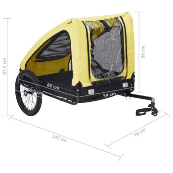 Gelber Haustieranhänger mit Netzfenstern, Abmessungen beschriftet: Höhe 87,5 cm, Breite 54 cm, Länge 142 cm, entworfen für den Transport von Haustieren.