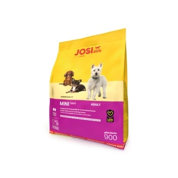 JOSI DOG Mini Adult Hundefutterbeutel, mit gelbem Hintergrund und Bildern von kleinen Hunderassen, 900g Nettogewicht, glutenfreies Rezept.