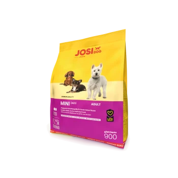 JOSI DOG Mini Adult Hundefutterbeutel, mit gelbem Hintergrund und Bildern von kleinen Hunderassen, 900g Nettogewicht, glutenfreies Rezept.