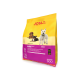 JOSI DOG Mini Adult Hundefutterbeutel, mit gelbem Hintergrund und Bildern von kleinen Hunderassen, 900g Nettogewicht, glutenfreies Rezept.