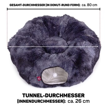 Ein dunkelgraues Plüsch-Haustierbett mit flauschigem Äußeren und Tunnel-Eingang, mit einem Durchmesser von 80 cm und 26 cm am Eingang.