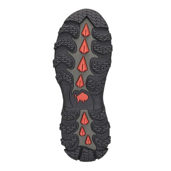 Schwarze und graue Hundestiefelsohle mit roten Traktionsspikes und rotem Büffellogo, beschriftet mit „Gateway“.