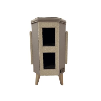 Stilvolles Haustierhaus mit einem weichen beigen Äußeren, mit zwei Öffnungen und Holzbeinen, perfekt für Katzen oder kleine Hunde.