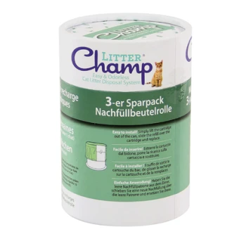 Litter Champ Katzenstreu Entsorgungs-Nachfüllpack in grüner und weißer Verpackung, beschriftet "3-er Sparpack Nachfüllbeutelrolle."