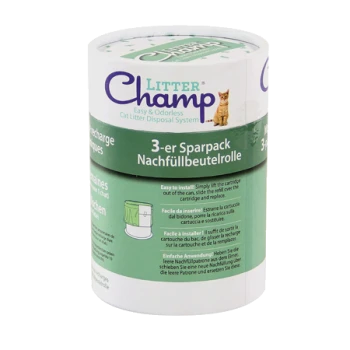 Litter Champ Katzenstreu Entsorgungs-Nachfüllpack in grüner und weißer Verpackung, beschriftet "3-er Sparpack Nachfüllbeutelrolle."