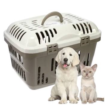 Beige Kunststoff-Transportbox mit Griff und Lüftungsschlitzen, auf den Verschlüssen 'Press' aufgedruckt; ein goldener Welpe und ein cremefarbenes Kätzchen daneben.
