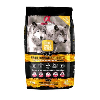 Alpha Spirit Hundefutterbeutel mit zwei Wölfen, Aufschriften ‚THE ONLY ONE‘ und ‚FREE RANGE POULTRY COMPLETE FOOD FOR DOGS‘, 3 kg