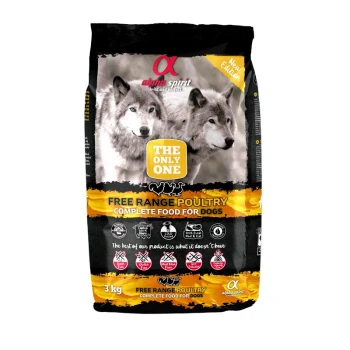 Alpha Spirit Hundefutterbeutel mit zwei Wölfen, Aufschriften ‚THE ONLY ONE‘ und ‚FREE RANGE POULTRY COMPLETE FOOD FOR DOGS‘, 3 kg