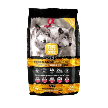 Alpha Spirit Hundefutterbeutel mit zwei Wölfen, Aufschriften ‚THE ONLY ONE‘ und ‚FREE RANGE POULTRY COMPLETE FOOD FOR DOGS‘, 3 kg