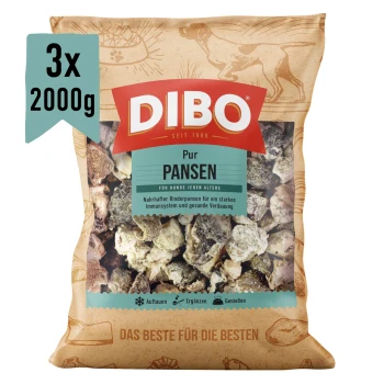 DIBO Pansen Hundefutterverpackung, 2000 g, mit dem Text: "Ausgewogene natürliche Nahrung für Hunde" und "Gesunder natürlicher Snack."