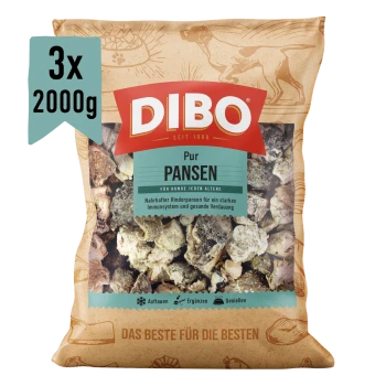 DIBO Pansen Hundefutterverpackung, 2000 g, mit dem Text: "Ausgewogene natürliche Nahrung für Hunde" und "Gesunder natürlicher Snack."