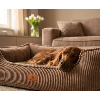 Brauner Hund schläft in einem gerippten braunen Cord-Haustierbett mit der Aufschrift KNUFFELWUFF in einem gemütlichen Wohnzimmer.