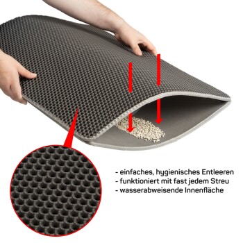 Eine Person hält eine graue, leicht zu reinigende Haustiermatte mit Streu, die aus einer Öffnung herausfällt, mit hygienischer Entleerung und wasserabweisendem Innenraum.