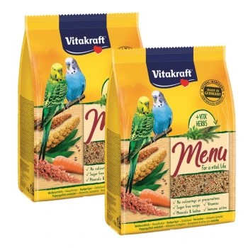 Zwei Beutel Vitakraft Menu Vogelfutter für Wellensittiche, die bunte Sittiche zeigen und ein zuckerfreies, vitaminreiches Rezept hervorheben.