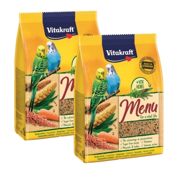 Deux sacs de nourriture pour oiseaux Vitakraft Menu pour perruches, présentant des perruches colorées et mettant en avant une recette sans sucre et riche en vitamines.