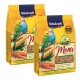 Two bags of Vitakraft Menu bird food for budgerigars, showcasing colorful parakeets and highlighting a sugar-free, vitamin-rich recipe.