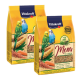 Zwei Beutel Vitakraft Menu Vogelfutter für Wellensittiche, die bunte Sittiche zeigen und ein zuckerfreies, vitaminreiches Rezept hervorheben.