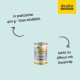 Dose mit Haustierfutter, beschriftet mit "Florie Geflügeltopf", das Huhn und Truthahn mit Lachs enthält, in einer 400g Dose, leicht zu öffnen mit einem Dosenclip.