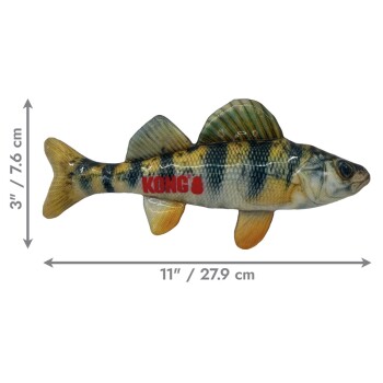 Plush perch fish dog toy with red KONG logo, yellow-green stripes, dimensions shown 11"/27.9cm by 3"/7.6cm