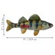 Plush perch fish dog toy with red KONG logo, yellow-green stripes, dimensions shown 11"/27.9cm by 3"/7.6cm