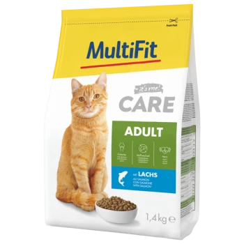 A bag of MultiFit cat food with an orange tabby, labeled "CARE ADULT" and icons for joint, metabolism, and heart health, featuring "with salmon."